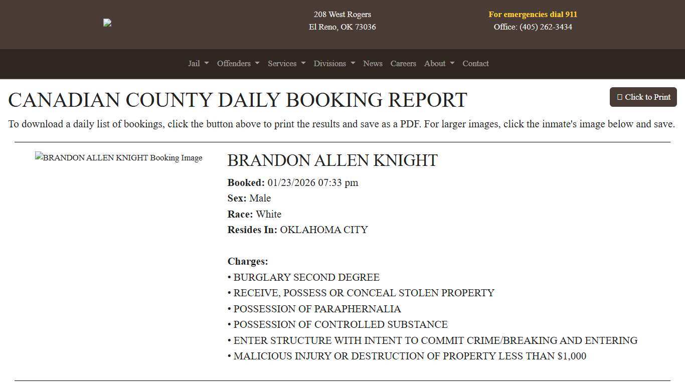 Daily Booking Report Canadian County Sheriff's Office